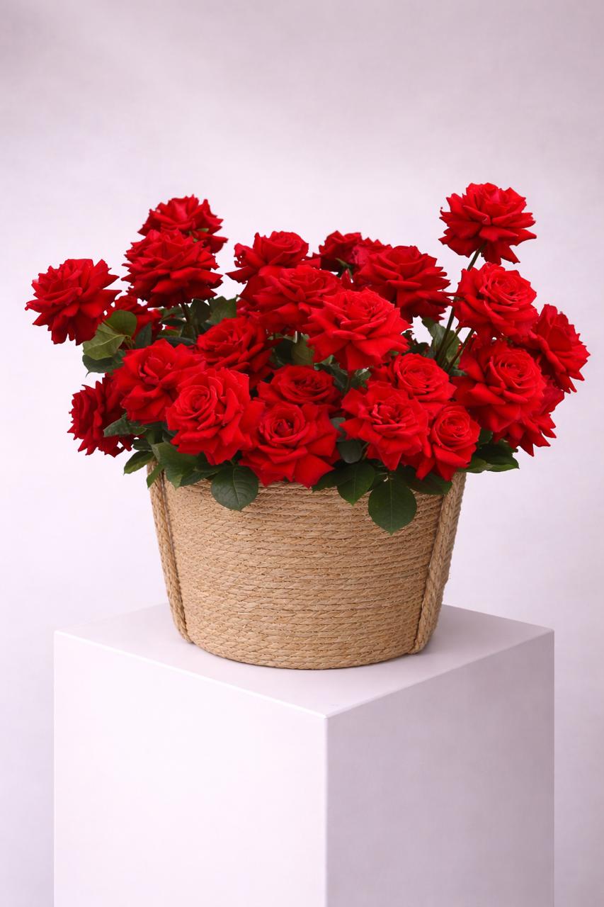 ფრანგულად გაშლილი ვარდების კალათი